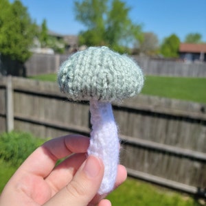 Mushroom Plush, green white and grey, handmade, knitted, plush toy, cottagecore