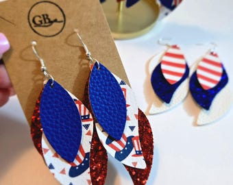 Handmade American Flag Earrings | Faux Leather Patriotic Jewelry