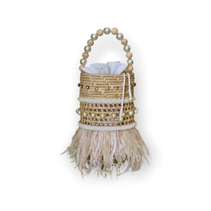 Bucket straw handbag feathers and crystals