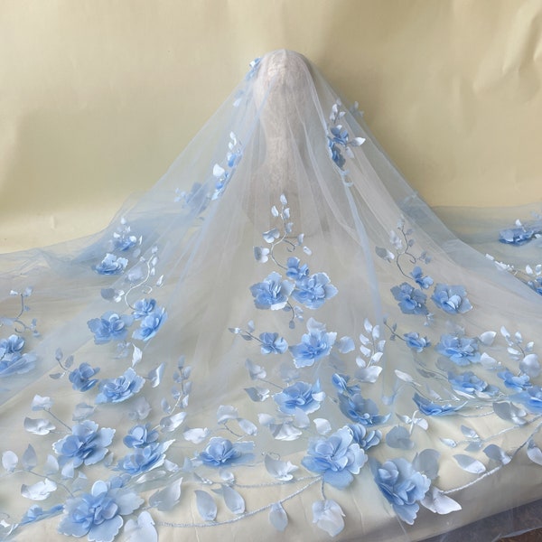 Pale Blue  Blossom 3D Flower Exquisite Embroidery Lace Fabric Tulle Lace Mesh Fabric for Bridal Gown, Prom dresses 51 inches Width Fabric