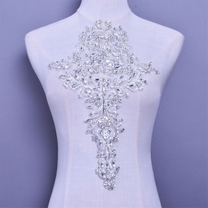 Heavily Rhinestone Applique Clear Crystal Bridal Lace Applique Motif Addition for Bodice ,Wedding Dresses ,Headpieces