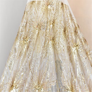 Beaded Twinkle Star Sequin Spangle Lace Mesh Lace Fabric Paillette Flower Gauze for Evening Dress Party Gown 51 inches Width Sold by 1 meter