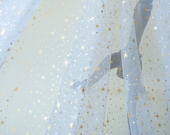 Light Gray Gold Glitter Irregular Star Embroidery Organza Lace Star Soft Tulle Fabric for Craft Projects Dress Train 59 inches Width