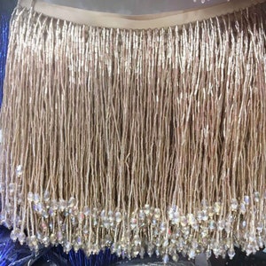 Dangling Fringe trim,Beaded Fringe Trim,Heavy Bead Trimming for Dance Costumes ,Party Dress Sold by 1 yard Pale Khaki