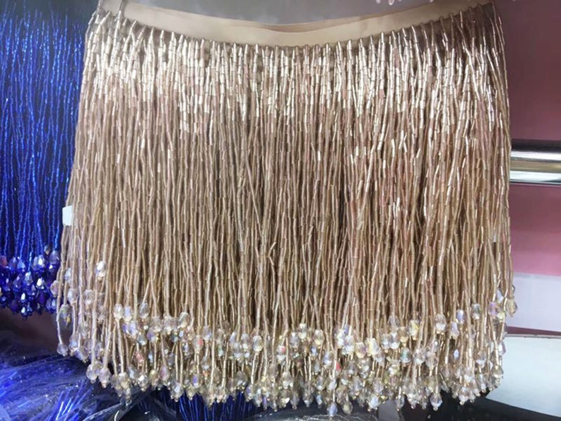 Garniture à franges pendantes, garniture à franges perlées, garniture à grosses perles pour costumes de danse, robe de soirée vendue par 1 mètre Pale Khaki