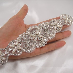 Rhinestone applique, Diamante Applique,crystal Pearl applique for Bridal Sash, Bridal Applique, wedding applique, pearl beaded, wedding belt