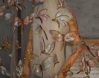 Dragonfly Embroidery With Sequin Lace Mesh Lace Fabric Paillette Flower Gauze for Evening Dress Party Gown 51 inches Width Sold by 1 yard