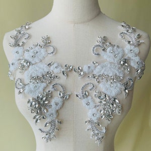 Rhinestone Pair Sparkling Crystal Appliques Hand Crafted Bead Applique with Embroidery Beads Flower Stitch Patch For Evening Gown