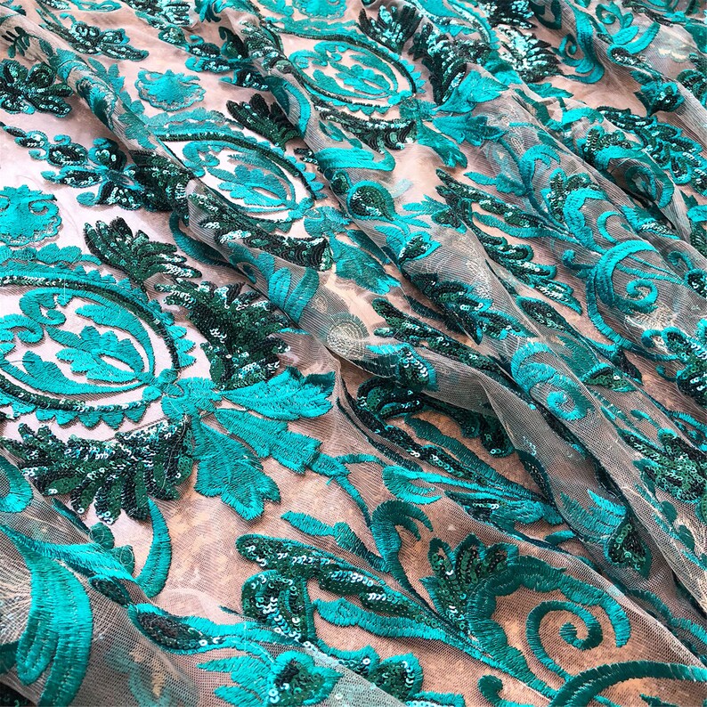 Green Sequined Lace Fabric by the yard Embroidery Floral Lace Etsy