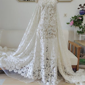 Off White Sequined Lace Fabric Flower Embroidery Floral Soft Lace for Wedding Dress Bridal Gown 51&#39;&#39; Width Sold by 1 Yard