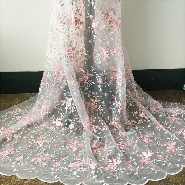 Exquisite Pink Floral Lace Net Both Scalloped Edge Embroidery Lace Fabric Medium Stiff for Bridesmaid Dress 49 inches Width Sold by yard