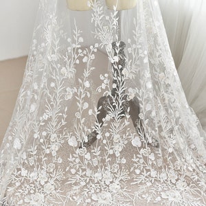 Shimmer Sequined Lace Fabric Champagne Embroidery Floral Off-White Lace for Wedding Dress Bridal Gown 51'' Width Sold by 0.5 meter