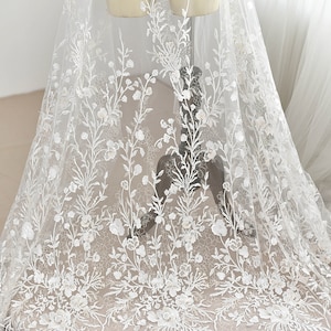 Shimmer Sequined Lace Fabric Champagne Embroidery Floral Off-White Lace for Wedding Dress Bridal Gown 51&#39;&#39; Width Sold by 0.5 meter