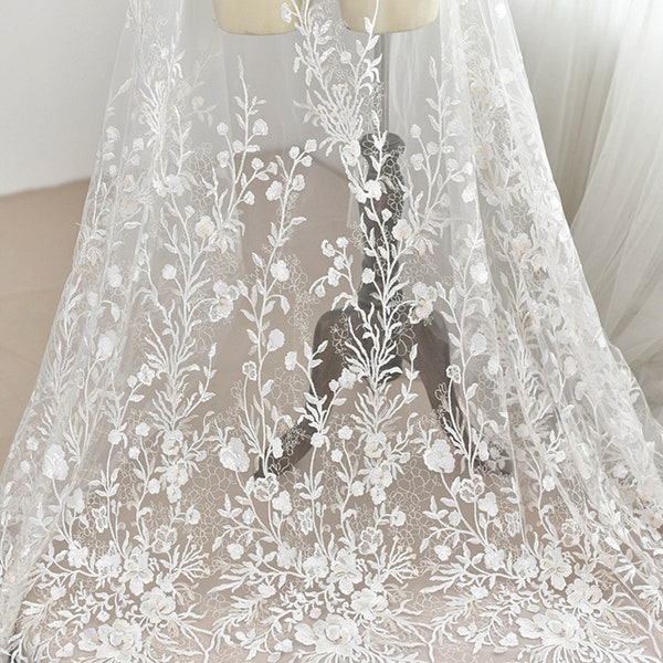 Tessuto di pizzo con paillettes luccicanti ricamo champagne pizzo floreale bianco sporco per abito da sposa abito da sposa 51 '' larghezza venduto da 0,5 metri