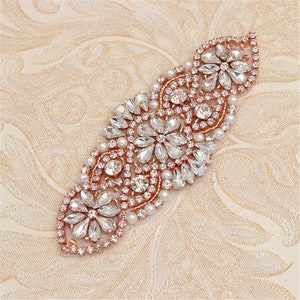 Rhinestone Garter Applique Hot Fixed Crystal Pearl Patch for Wedding Application Dress Belt Head band making Rose gold