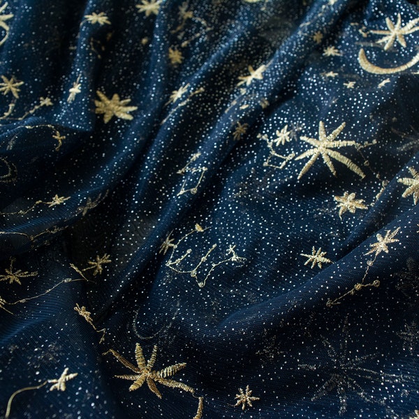 Star Moon Embroidery Organza Lace Embroidery Gold Glitter Floral Soft Tulle Fabric for Craft Projects Dress Train 51 inches Width by 1 yard