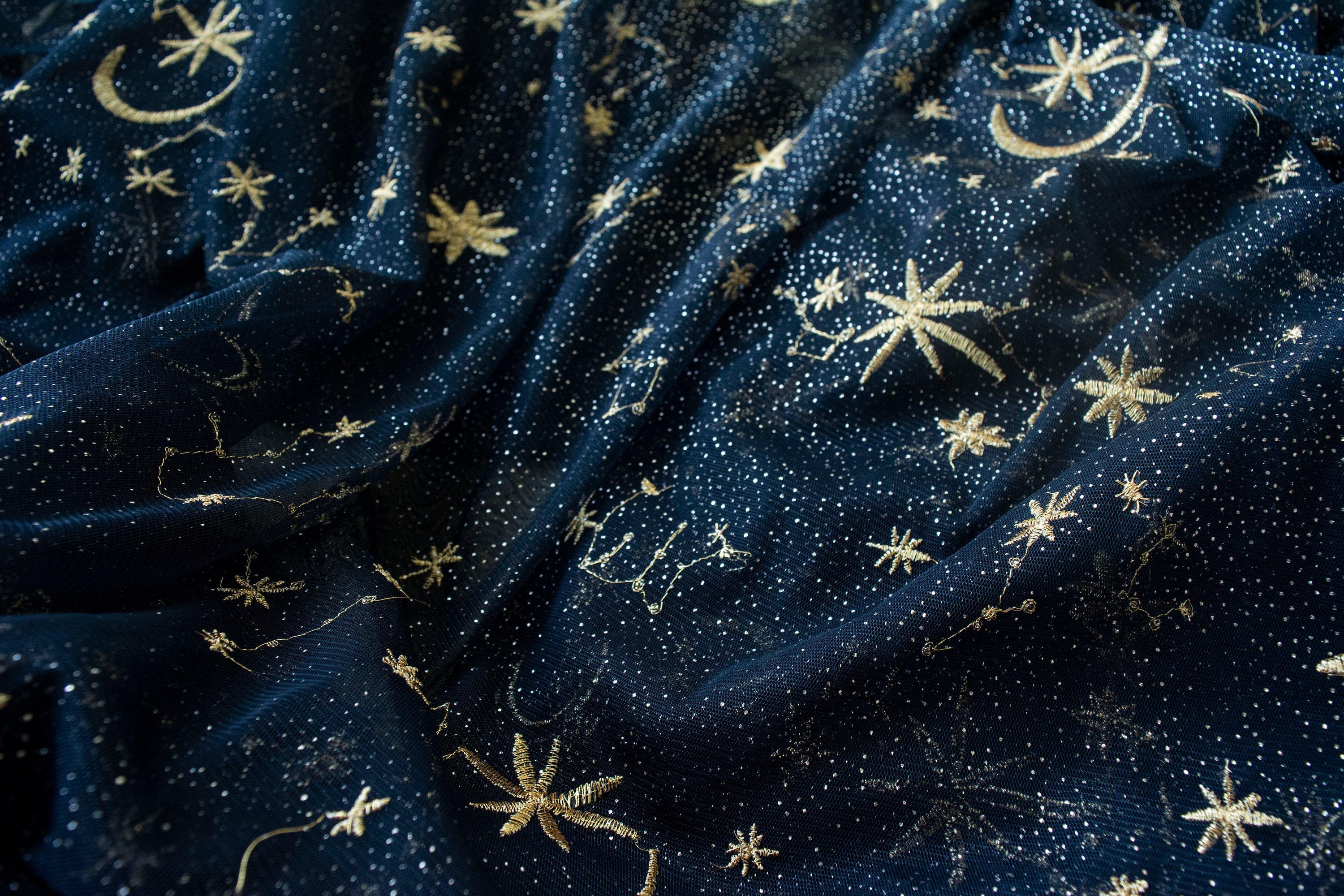 Star Moon Embroidery Organza Lace Embroidery Gold Glitter Floral Soft Tulle Fabric for Craft Projects Dress Train 51 inches Width by 1 yard