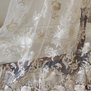 Mushroom Sequined Lace Fabric Champagne Embroidery Floral Soft  Lace for Wedding Dress Bridal Gown 51&#39;&#39; Width Sold by 1 Yard
