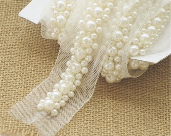 Ivory Beading Pearl Trim Beads Macrame Ribbon for Prom Dress Shoulder Strap Bridal sashes,craft projects Sold by 1 Yard