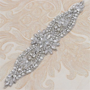 Crystal Bridal Garter Applique Iron on Rhinestone Beaded Belt Appliques Shiny Stone Accent for Evening Dress