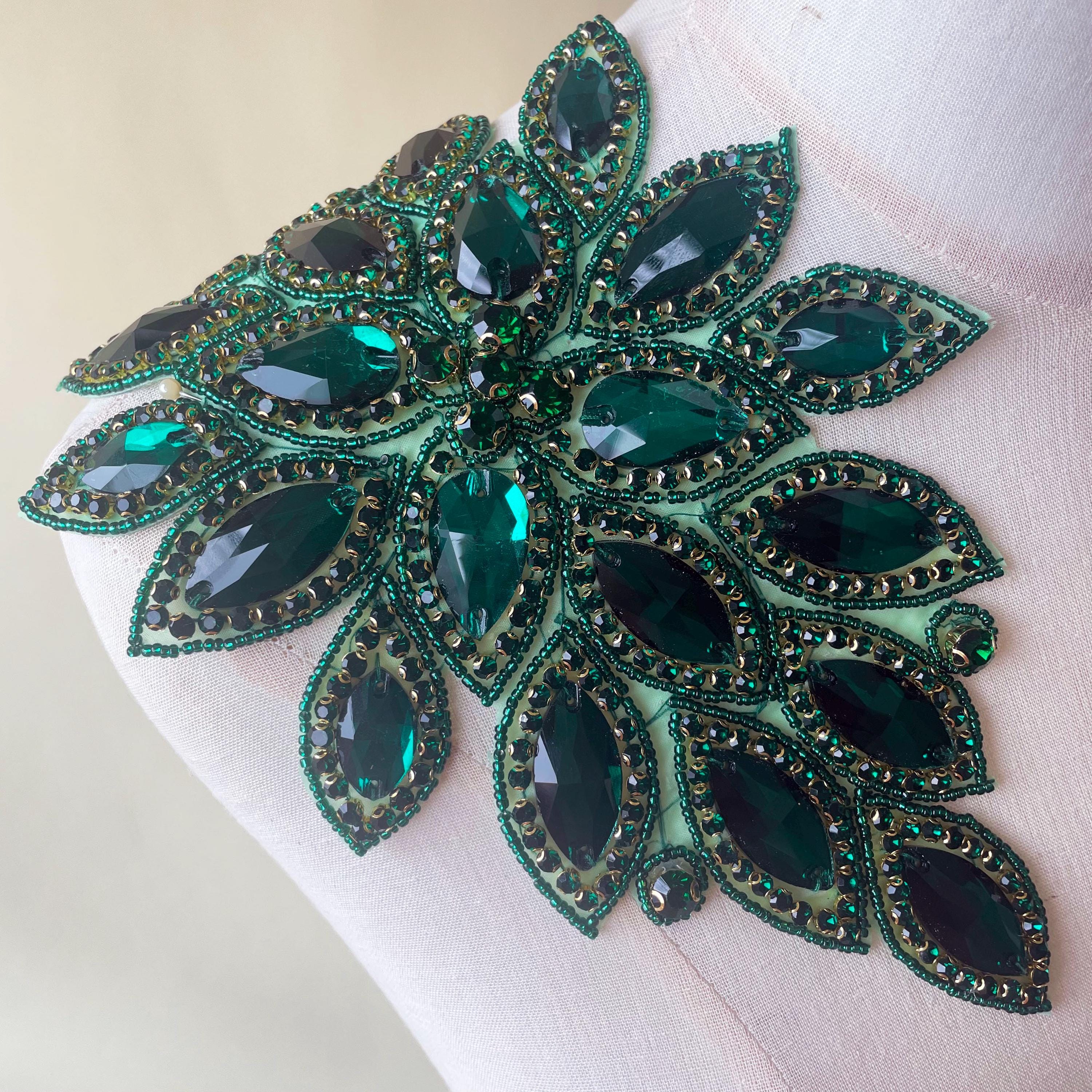 Iron on Green Beaded Rhinestone Lace Patch Applique Green Rhinestone Applique Dress Belt Accents on for Carnival Costumes,Party Suits
