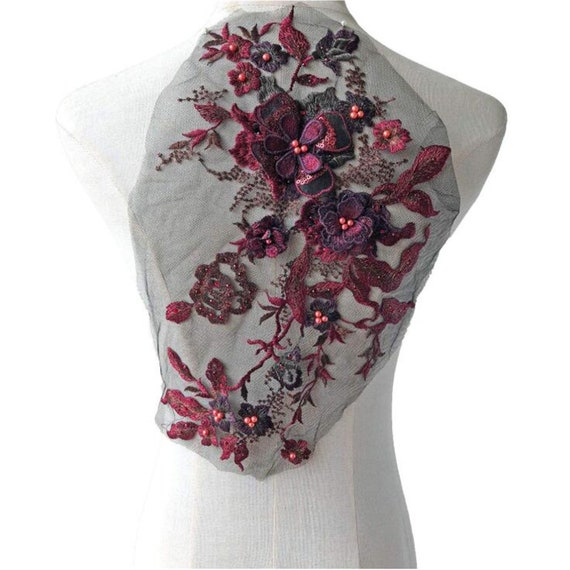Burgundy Beaded Flower Lace Applique Embroidery 3D Flower Lace Patch Motif  Sew onto Dance Costumes Prom Dress