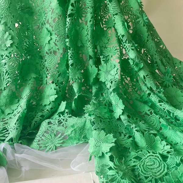 Green 3D Guipure Soft Lace Fabric Blossom Flowers Guipure Embossed Lace Fabric for Prom Dress, Bodices, Craft Making, Sold by 0.5 Yard