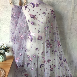 Purple Tulle Sequined Moon Star Lace Fabric Lace Mesh Gauze 51 inches Width For DIY Bridal Wedding Dress Costumes Sold By 1 Yard