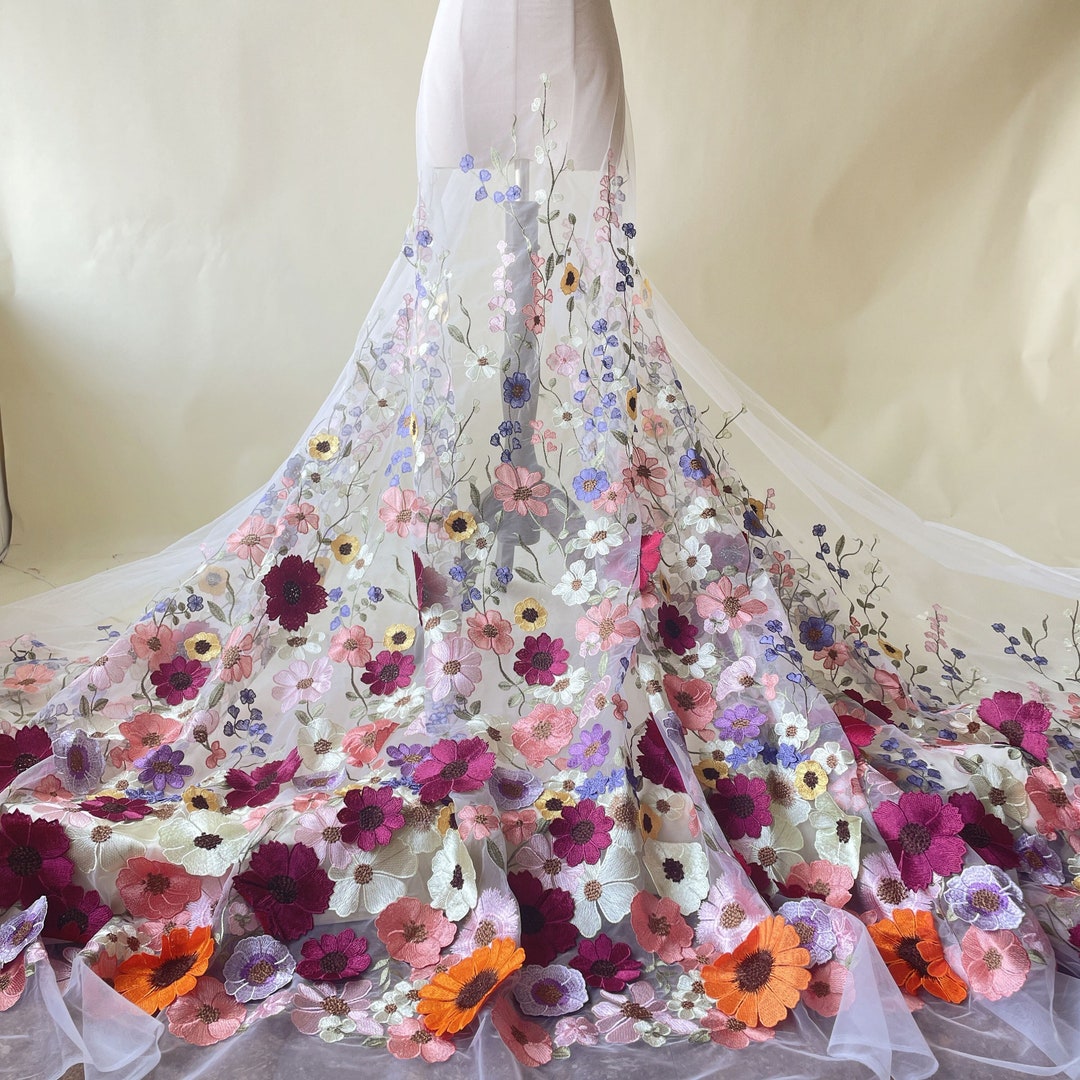 3D Embroidery Blossom Flower Summer Lace Fabric With Orange Flower Lace ...
