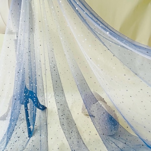 Gradient Moon Star Lace Fabric White Blue Gradient Tulle Lace Dress Lace Fabric DIY Custom Dress For Wedding Bridal Dress, Gown Bodices