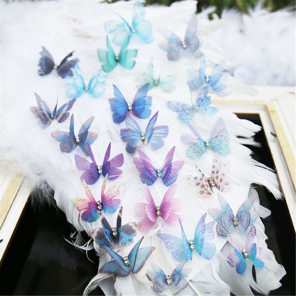 Lovely Rhinestone Butterfly Lace Motif 3D Butterfly Double Layer Dreamy Color appliques pour robe, jarretière, ceinture, casques 4 Pièces