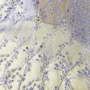 Lilac Flower Floral Leaf Lace Embroidery Vines Fabric  Lilac Lace Mesh for Craft Projects Dress Train 51 inches Width Sold by 1 yard