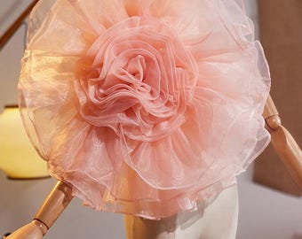 Large Pink Organza Flower Brooch Pin, Giant Chiffon Ruffle Rose For Wedding Dress, Evening Gown Accessory, Big Floral Shoulder Piece