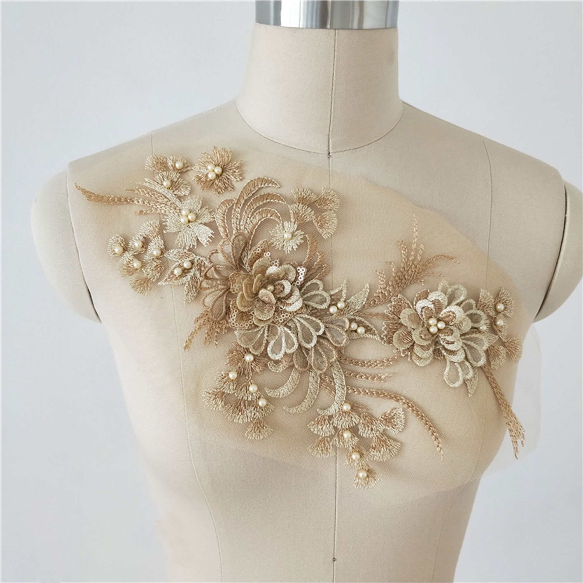 1PC Beaded Sequins Lace Applique 3D Flower Patch Motif Costume Wedding 