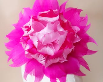 Hot Pink Feather Flower Fascinator, Kentucky Derby Hat, Fuchsia Wedding Headpiece, Royal Ascot Tea Party Cocktail Floral Hair Accessory