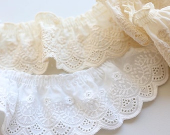 Ruffled Cotton Eyelet Lace Trim Scalloped Embroidered Pleated Trim Off White Ivory Lace Edge Trim for Dress Bridal Sewing DIY Craft