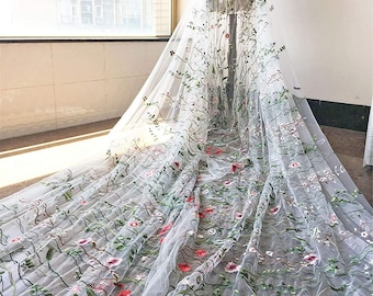 Elegant Tulle Embroidered Floral Alice Lace Fabric Flower Embroidered  Fabric Dress Bridal Veil Shift Dress Lace 58 inches Sold by 0.5 yard