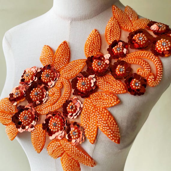 Orange 3D Floral Bead Pearl Lace Applique Sequins Motif Embroidery