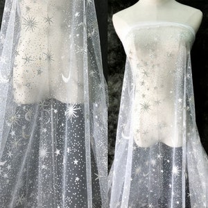 Glitter Print Silver Moon Star Tulle Lace Fabric, Soft Tulle Moon lace, For Prom Dress Sleeve Shirt, Tutu Dress 51 inche Largeur Vendu par yard