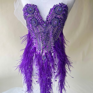 Purple Rhinestone Bodice Applique Beaded Feather Trims Stitch Patch Rhinestone Applique for Costume Ballgown Evening Dress 1 Piece