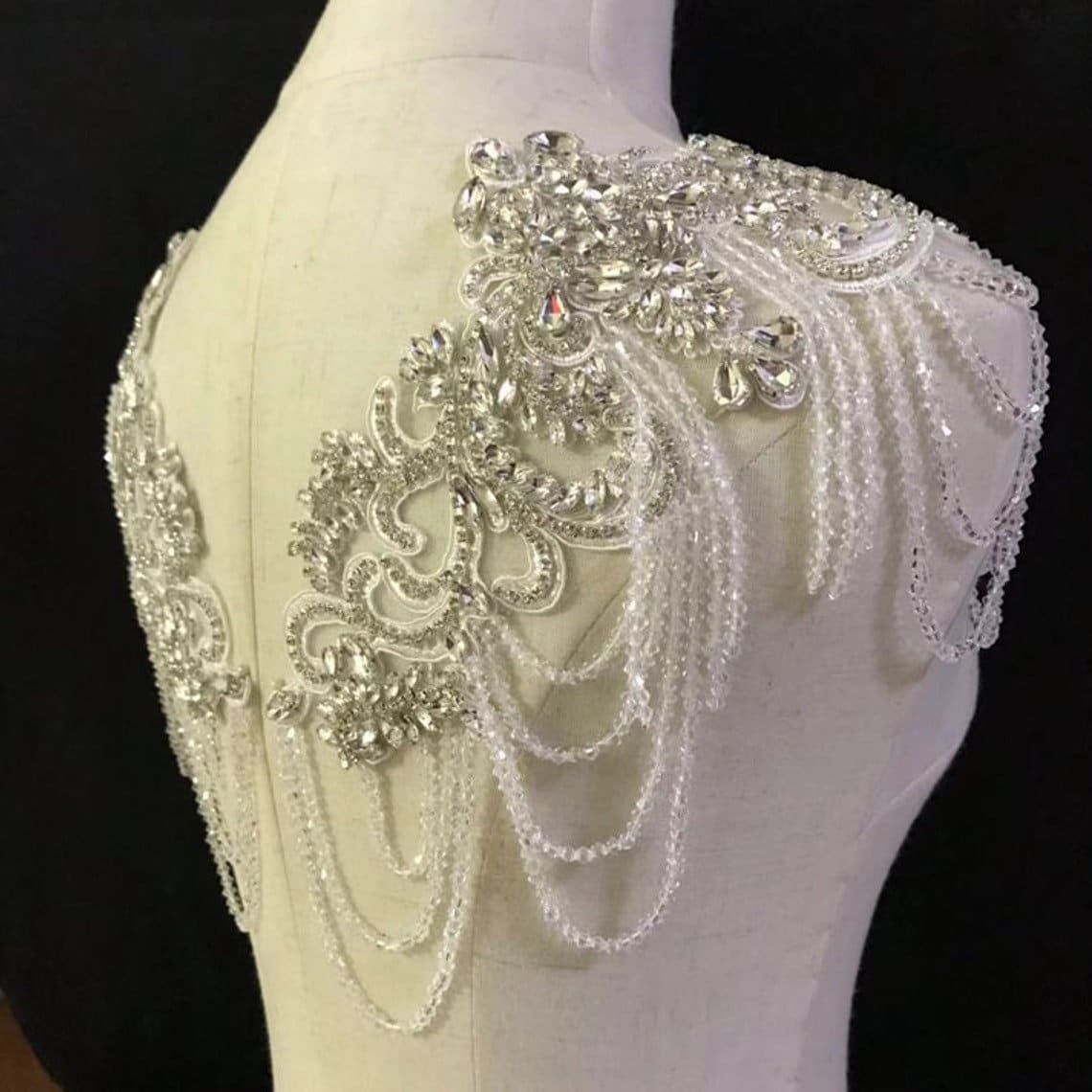 Deluxe Rhinestone Beaded Tassel Applique for Prom Party Dress Crystal Neckline Trims Drop Charm for Beach Wedding Dresses 1 Pc