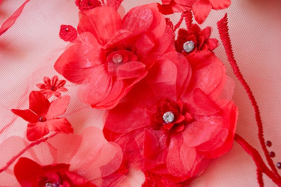 Red 3D Rose Lace Fabric Rosette Embroidery Blossom Embroidery