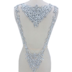 Silver Back Rhinestones Applique Crystal Beaded Sequined Lace Trims Design for Wedding Dresses,Bridal Gown 1 Piece