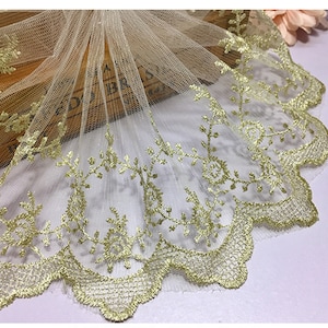 Vintage Golden Lace Trim ,Embroideried Lace Edging Scalloped Edge Gold Lace Fringe for Bridal Veil Party Gown  5.5 inches Width
