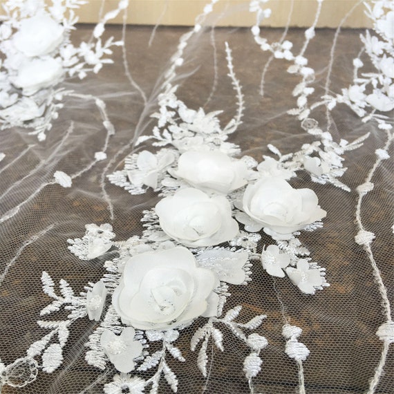Gorgeous Off-white 3D Rose Lace Fabric Rosette Embroidery Tulle