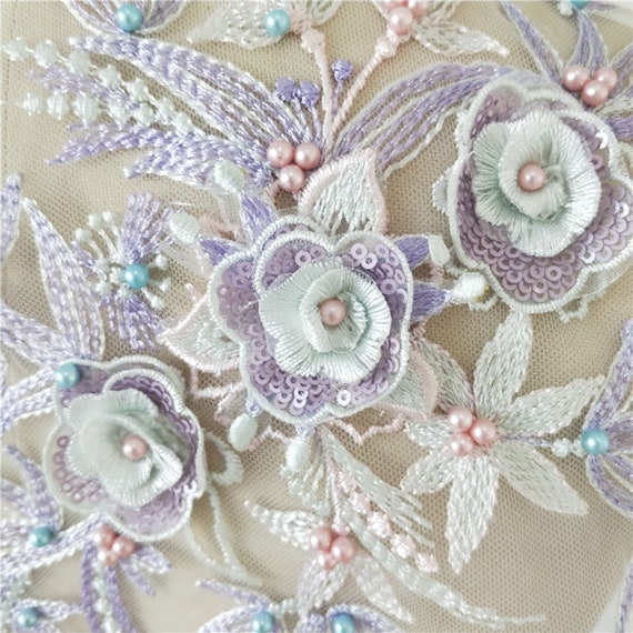 新品入荷 3Dフラワー刺繍スパンコールレースアップリケレースモチーフ刺繍 装飾材料