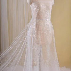Clear Sequined Lace Fabric Translucent Sequined Bridal Dress Overlay Clear Sequins Lace for Wedding Dress 55 inches Width Sold by 0.5 Yard