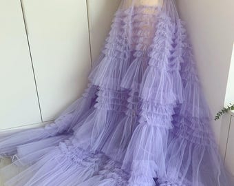 Purple Tiered Ruffle Tulle Dress, Sheer Lavender Train Robe, Dramatic Photoshoot Gown, Fluffy Promenade Evening Gown, Bridal Robe