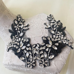 Mirror Pair Black Clear Rhinestone applique, Sparkling Beaded Appliques Trims, Embroidery Crystal Patch for Wedding Dress, Evening Gown