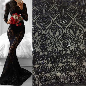 Black Sequin Vintage Floral Lace Fabric Stunning Champagne Sequined Lace Mesh Fabric Wedding Lace Fabric for Bridal Gown Evening Dress